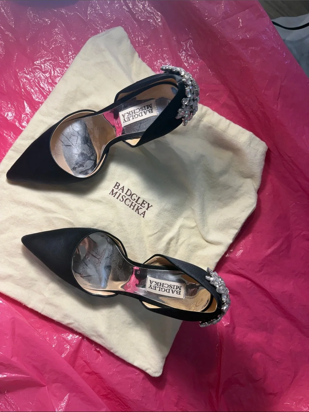 Badgley Mischka Black Satin Crystal-Embellished D'Orsay Pumps